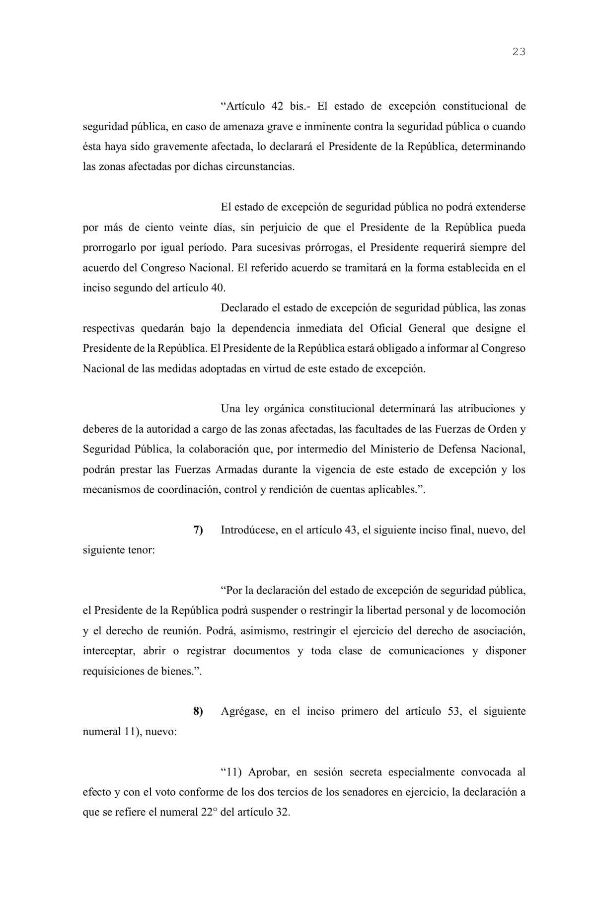 Página 23 del mensaje presidencial del Boletín 18.597-07, donde aparece la duración propuesta del nuevo estado de excepción.
